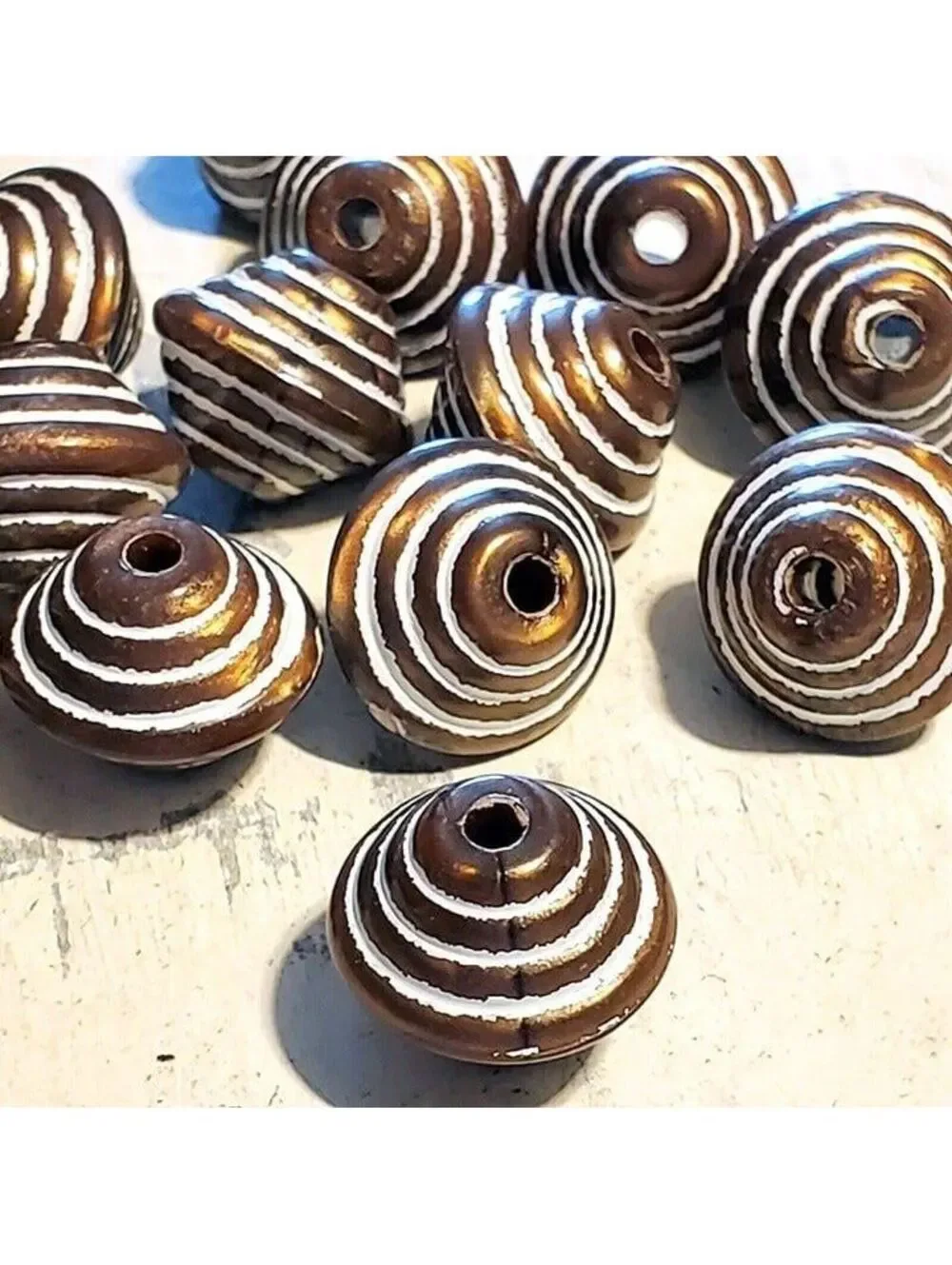 Bronze White Striped Vintage 80s New Wave 14X12 Bicone Acrylic Beads 10 pcs